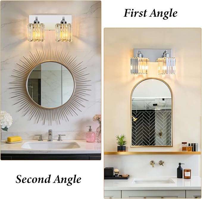 Brushed Chrome Crystal Bathroom Vanity Light, 2-Light Modern Bathroom Lighting Fixtures Over Mirror,Chrome Wall Sconce Light Fixtures with Square Shade