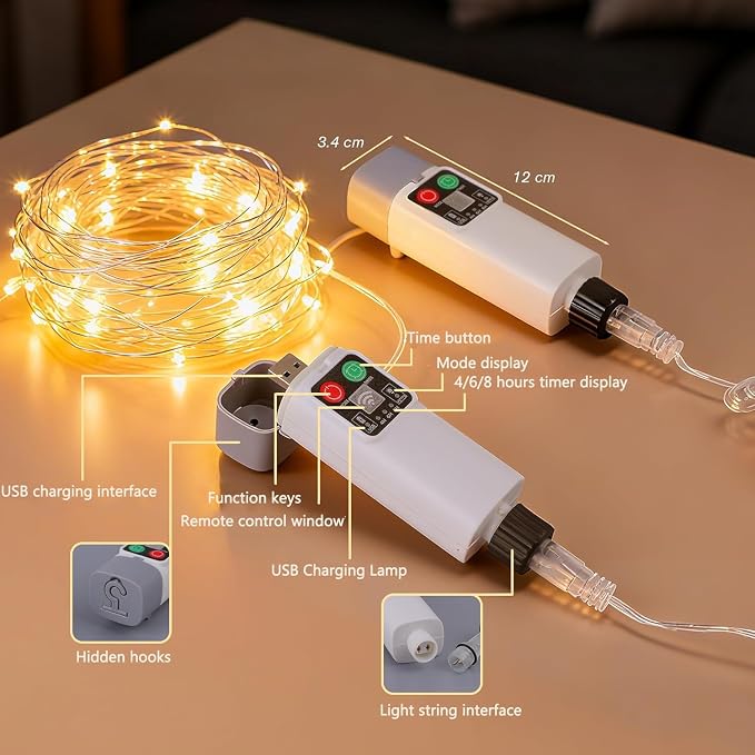 Rechargeable Fairy Lights Plug In 33FT 100 LED,8 Modes Fairy Lights Battery Operated with Remote Timer USB Charging, IP65 Waterproof Outdoor Camping Lights, for Camping Patio Christmas Bedroom Decor