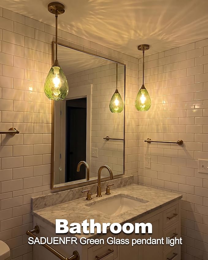Glass Pendant Lights Kitchen Island, 1-Light Modern Green Pendant Light Fixtures with Hammered Glass and Rods, Small Hanging Light for Kitchen Sink Dining Room Bathroom