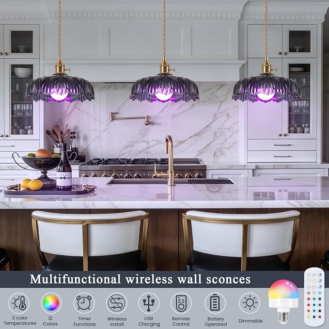 Battery Operated Pendant Light,Vintage Light Fixtures RGB Light Gray Blue 2500mAh 9.4in Modern Chandelier with Remote Control Wireless Adjustable Rechargeable Chandelier for Kitchen Island 1Light