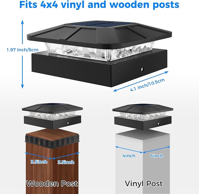 4x4 Solar Post Cap Lights Outdoor with 3 Modes | LED Post Light Solar Powered fit 4×4/3.5×3.5 Wood/Vinyl Posts, Waterproof Fence Posts Lights for Deck Railing Mailbox