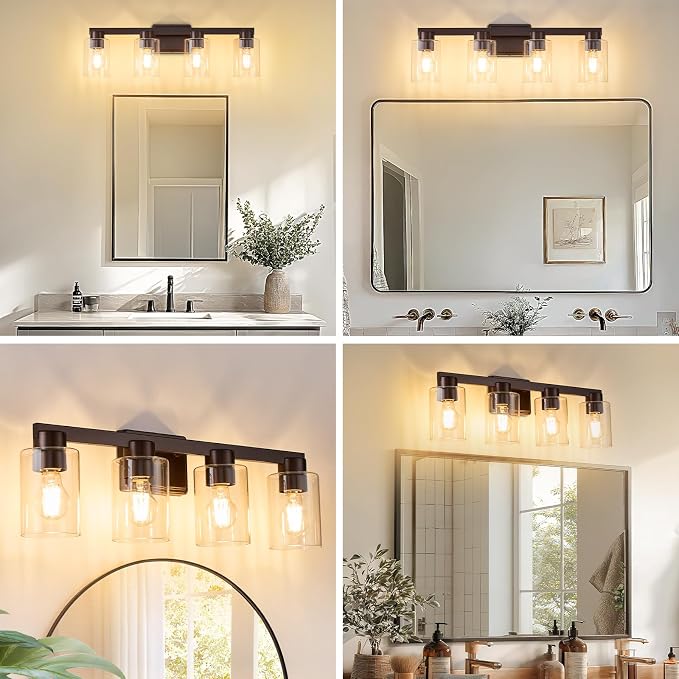 4-Light Bathroom Light Fixtures with Clear Glass, Oil Rubbed Bronze | Vanity Lights, Modern Wall Sconces, Over Mirror for Bathroom, Powder Room, Living Room