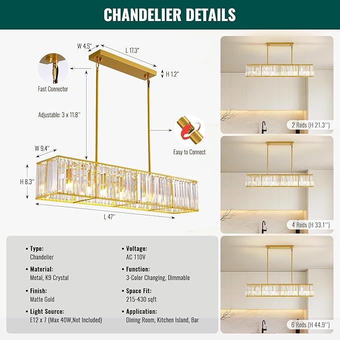 Siljoy Modern Crystal Chandelier 7-Light Rectangle Gold K9 Crystal Raindrop Chandelier Luxury Dimmable Linear Crystal Pendant Ceiling Light for Dining Room Living Room Kitchen Island L47''