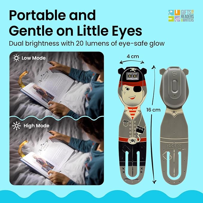 Gifts for Readers & Writers Rechargeable Book Light for Kids, Clip On Reading Light for Bed, 2in1 Flexilight Pals & Bookmark, 12 Hours of Light Once Charged, Includes USB Cable & 2 LED Lights, Pirate