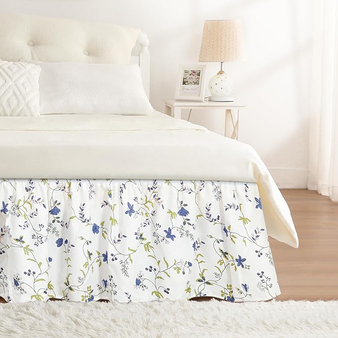 RIMELA Sweet Blueberry Bed Skirt Queen Size 15 Inch Drop, Elastic Bed Skirting for Bed Frame, Bedding Dust Ruffle Easy to Install, Lightweight Wrap Around Adjustable Bedskirt,Bedroom Decor