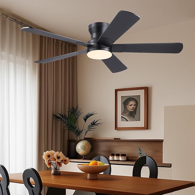 52" Black Ceiling Fans with Lights and Remote - Flush Mount Fan Light with 5 Reversible Blades, 3CCT Dimmable, DC, Low Profile Ceiling Fan for Modern Indoor, Covered Outdoor