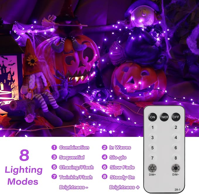 Halloween Fairy Lights Plug in, String Lights for Halloween Decorations | 10FT 200LEDs, 1 Pack with Remote, Purple, Waterproof Firecracker Lights for Ceiling Window Bar Haunted Theme Halloween Decor