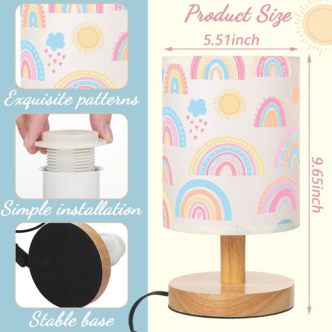 Rainbow Kids Table Lamp for Bedroom Kids Bedside Lamp with Linen Wooden Nightstand Cartoon Nursery Lampshade for Girls Boys Living Room
