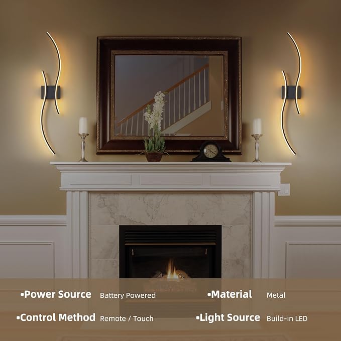 Battery Operated Wall Sconces Set of 2, Dimmable Modern LED Rechargeable Wall Light with Remote Control, Wall Decor for Living Room, Hallway, Quick Install, No Electrician Required