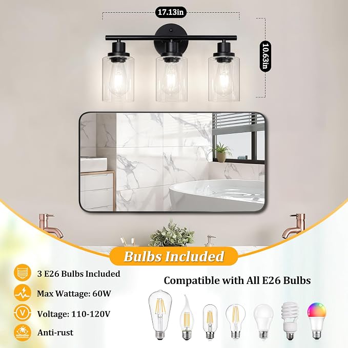 Modern Bathroom Light Fixtures, 3 Light Vanity Lights with E26 Bulbs, Black Wall Lamp with Clear Glass for Mirror Living Room Hallway Cabinet Porch