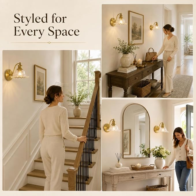 Bright Brushed Gold Bathroom Wall Sconce Vintage Style, E26 Easy Mounted | Vanity Light with Flower Glass Shade, Bathroom Wall Lighting Fixture Beside Mirror, Easy Mounted for Bedroom, Hallway