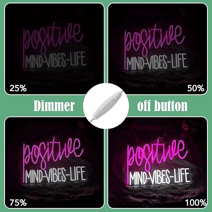 Positive Mind Vibes Life Neon Sign Pink White LED Neon Light for Wall Decor Dimmable Positive Light Up Sign for Classroon Office Girls Living Room Home Bar Club Salon (16.5''*12.6'')