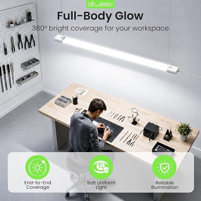 ALUSSO® 4FT Linkable LED Shop Lights, 6000LM 30W/45W/60W, 5CCT 2700K/3000K/4000K/5000K/6500K, 120V Integrated Fixture for Garage, Hanging or Surface Mount, 2 Pack