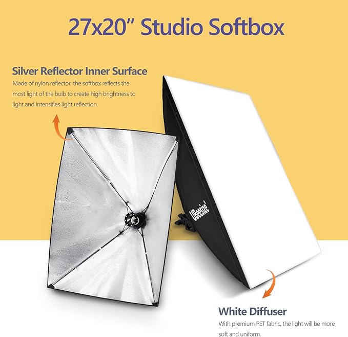 UBeesize Softbox Photography Lighting Kit, 27” x 20” Continuous Lighting Kit with 2pcs 40W E27 Socket 6500K Bulbs, Professional Photo Studio Lighting for Video Recording, Portrait Shooting