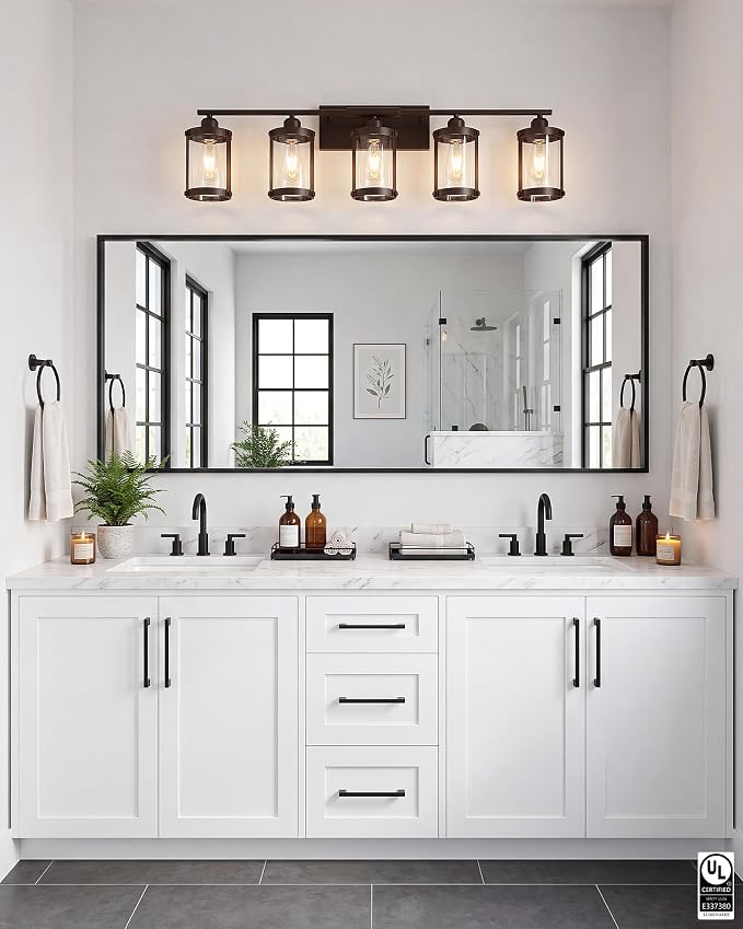 5-Light Oil Rubbed Bronze Bathroom Light Fixtures Over Mirror with Clear Glass and Metal Cage Shade, 38" UL-Listed Modern Farmhouse Wall Sconce for Bath, Hardwire E26, OS-3014ORB-5W