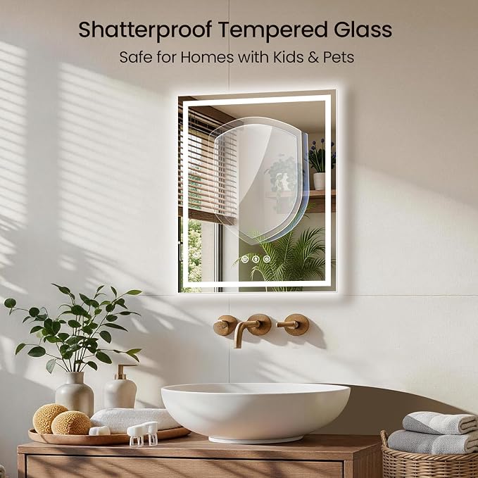 24x30 LED Bathroom Mirror with Anti-Fog, Backlit & Front Lit, Memory | Stepless Dimmable 3 Color CRI 95+ Shatterproof Tempered Glass ETL Listed for Safety Lighted Bathroom Vanity Mirror for Wall