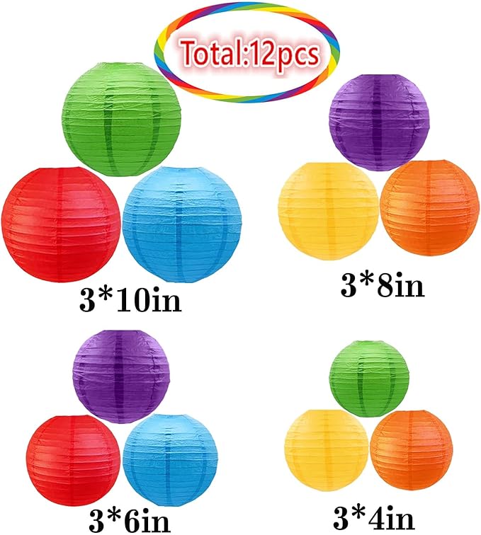 Rainbow Paper Lanterns 12Pcs Hanging Round Paper Lanterns Decorative for Graduation Baby Shower Wedding Birthday Family Parties ﻿