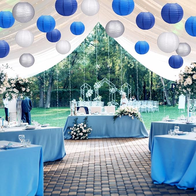 Paper Lanterns Party Decorations, Hanging Round Chinese Lanterns for Graduation New Year Blue Birthday Decorations Pack of 20 Blue Silver