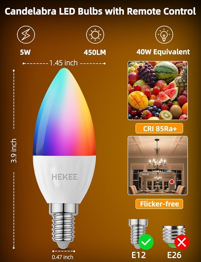 HEKEE E12 LED Candelabra Light Bulbs, Color Changing Candle, C37 B11 40W Incandescent Equivalent, 450 Lumen, RGB + 2700K Warm White, 5Watt, 12 Colors, 2 Modes, Timer, Remote Control(4 Pack)