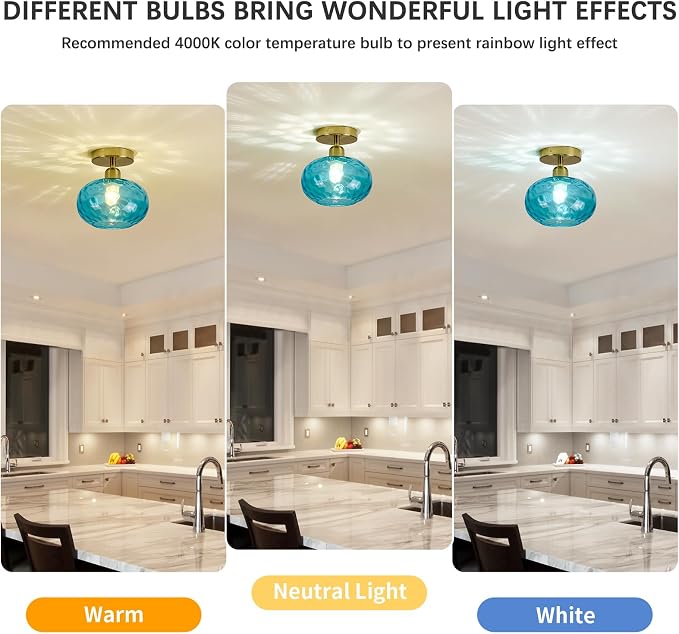 7.9″ Vintage Small Blue Semi Flush Mount Hallway Ceiling Light ,2 Pack | Art Deco Hammered Glass,Whimsical,MCM,Gold Mid Century Light Fixtures for Closet Cottage Entryway Laundry Room Foyer