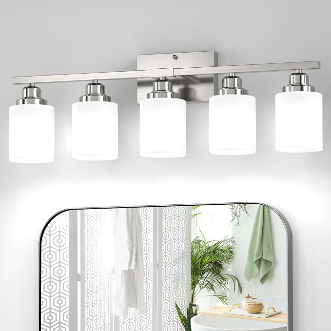 5-Light Bathroom Light Fixture, Brushed Nickel Vanity Lights Over Mirror, Anti-Rust, White Glass Shades, E26 Base, Bulb Not Included