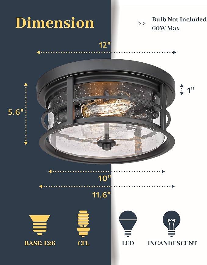 EAPUDUN Flush Mount Ceiling Light, 12inch 2-Light Metal Close to Ceiling Light Fixture, Matte Black Finish with Seed Glass Shade for Hallway Entryway Bedroom Porch