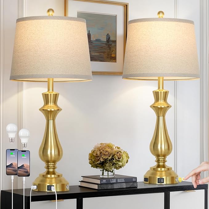 Modern Gold Table Lamps Set of 2 for Living Room,30" Tall Bedside Lamp with USB Charging Port,3-Way Dimmable Touch Nightstand Lamp for Bedroom Desk Side Table Office,Gold