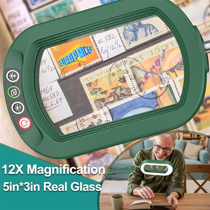 IVMAIE 12X Rectangle Magnifying Glass with Light, 5 Color Modes Stepless Dimmable Magnifier with Stand, LED Lighted Clamp Desk Lamp with Swing Arm, Hands Free for Reading Painting Close Work - Green
