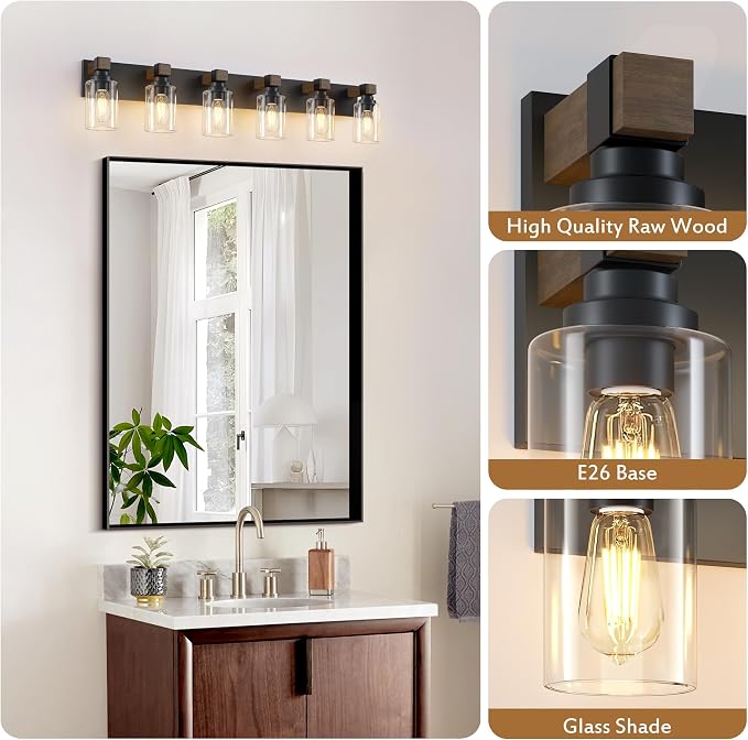 Farmhouse 6-Light Bathroom Vanity Light Fixtures, Black and Wood | 43.3″ Rustic Matte Black Metal Frame, Clear Glass Shades, Vintage Wall Sconces Lighting Over Mirror, for Bathroom Restroom