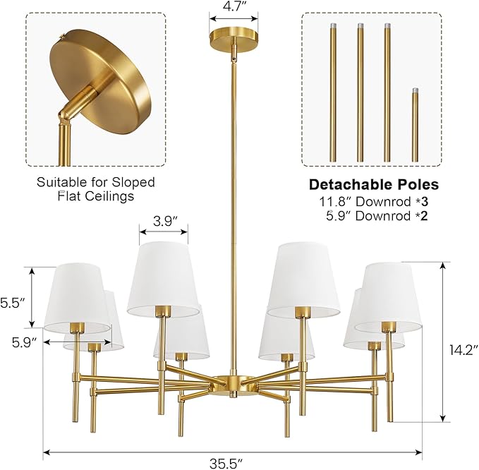Dining Room Chandeliers Light - 8-Light Gold Modern Chandelier with Fabric Shade, Height Adjustable Mid Century Ceiling Lighting Fixture for Bedroom Kitchen Entryway Foyer