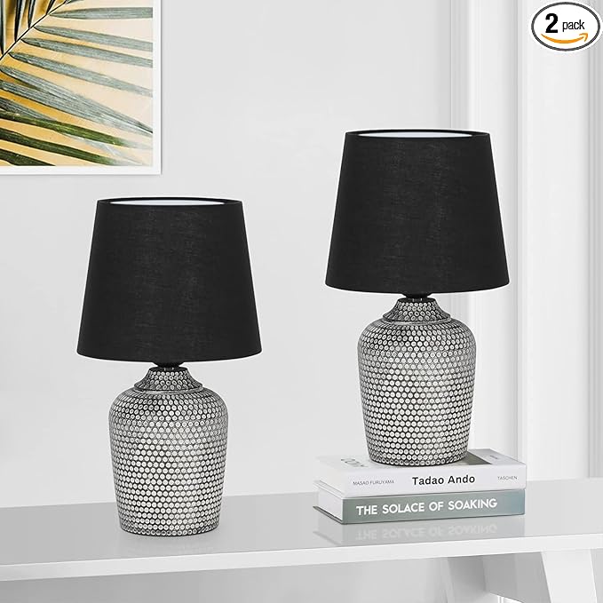 Sucolite 11.8'' Small Table Lamps Set of 2, Bedside Nightstand Lamps for Bedroom Kid’s Room, Cute Desk Lamps with Studded Texture Base for Reading Nursery Living Room Office, Black