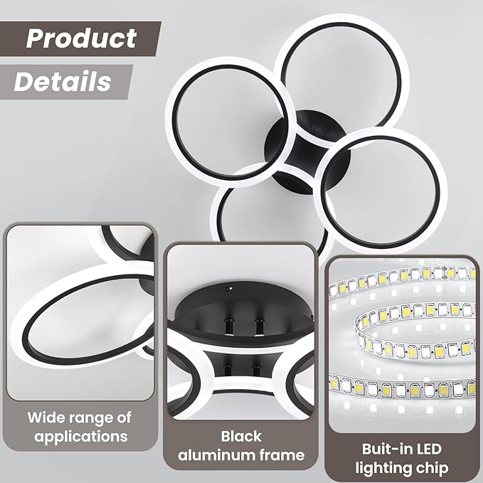 Modern LED Ceiling Lights Fixture Black Dimmable Acrylic 4 Rings Ceiling Lights Remote Control Dimmable Flush Mount Ceiling Lamp for Dining Room, Kitchen, Bedroom, Office(28.74inch)
