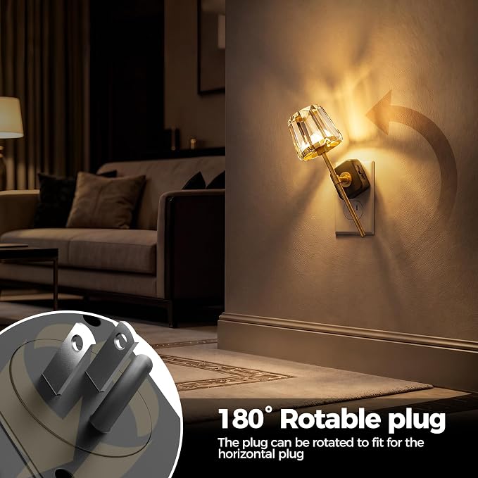 LED Night Lights Plug into Wall, Decorative Crystal Nightlights | 2 Pack Dimmable Night Light 180° Rotating Plug in，Dusk to Dawn Sensor, Crystal Wall Sconces for Bedroom Hallway Living Room