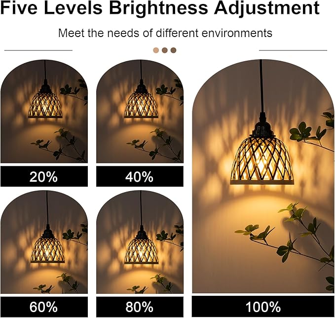 2 Pack Bamboo Chandelier/Dimmer, Waterproof Outdoor Pendant Light for Patio/Gazebo, Hand-Woven Boho Style, Battery Operated (No Wiring)