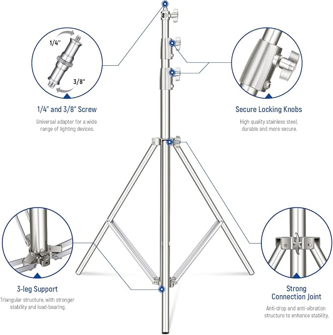 NEEWER 9.2ft/2.8m Stainless Steel Light Stand, Spring Cushioned Heavy Duty Photography Tripod Stand with 1/4” to 3/8” Universal Screw Adapter for Strobe,LED Video Light,Ring Light,Monolight, Softbox