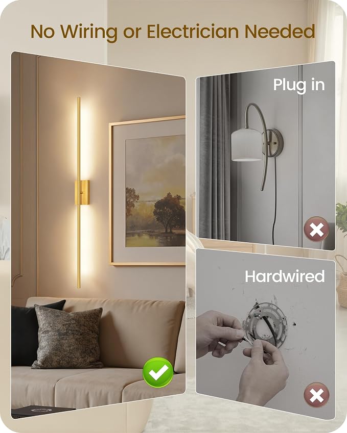 39.4" Wireless Battery Operated Wall Sconces Set of 2, Modern Rechargeable Lamp with Remote, 360° Rotation, 10000mAh, Touch Dimmable Lights for Bedroom, Living Room, Hallway, Gold D07YBP205