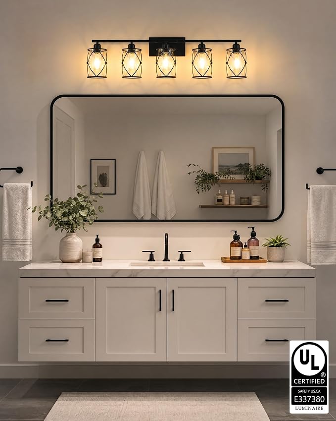 5-Light Matte Black Bathroom Light Fixtures Over Mirror, 38" UL-Listed Modern Wall Sconce Lights with Clear Glass and Metal Cage for Bath, Hardwire E26, CH9176BK-5W
