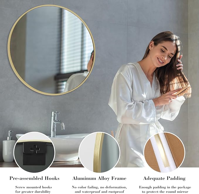 NEWBULIG Gold Round Wall Mirror 30 Inch, Bathroom Mirrors for Over Sink, Wall Decor for Bathroom, Entryway, Bedroom, Vanity