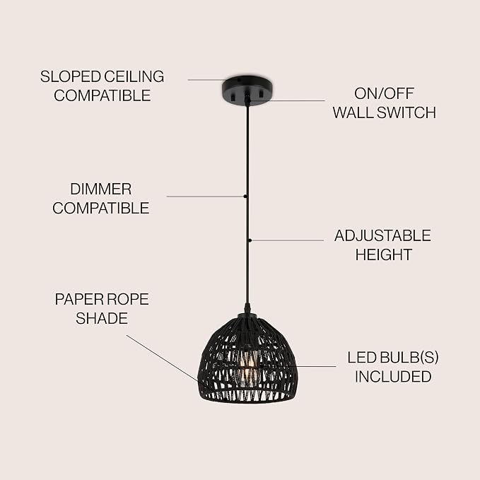 JONATHAN Y Campana 1-Light Pendant Dome Ceiling Lamp, 8.25", Black | Modern Coastal Farmhouse Decor, Adjustable Height, Woven Rope Metal Frame, LED Bulb Included, UL Listed