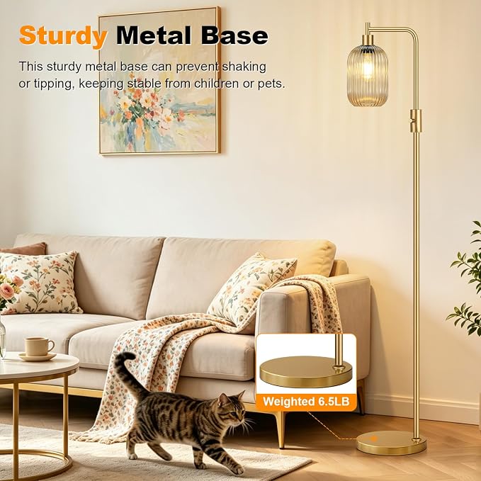 【Upgraded】 Dimmable Floor Lamp for Living Room with Amber Ribbed Glass Lampshade, Gold Modern Floor Lamp with 900LM LED Bulb Included, Arc Standing Tall Lamp for Bedroom, Office, Reading Room, Corner