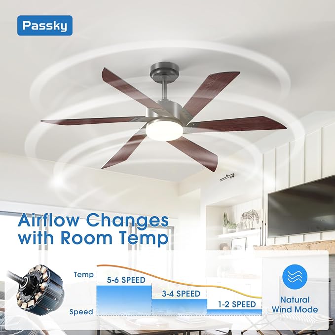Passky 52 Inch Black Contemporary Ceiling Fans with Lights, Remote Control | 3CCT dimmable light, quiet DC motor, reversible airflow; black contemporary style for bedroom and living room