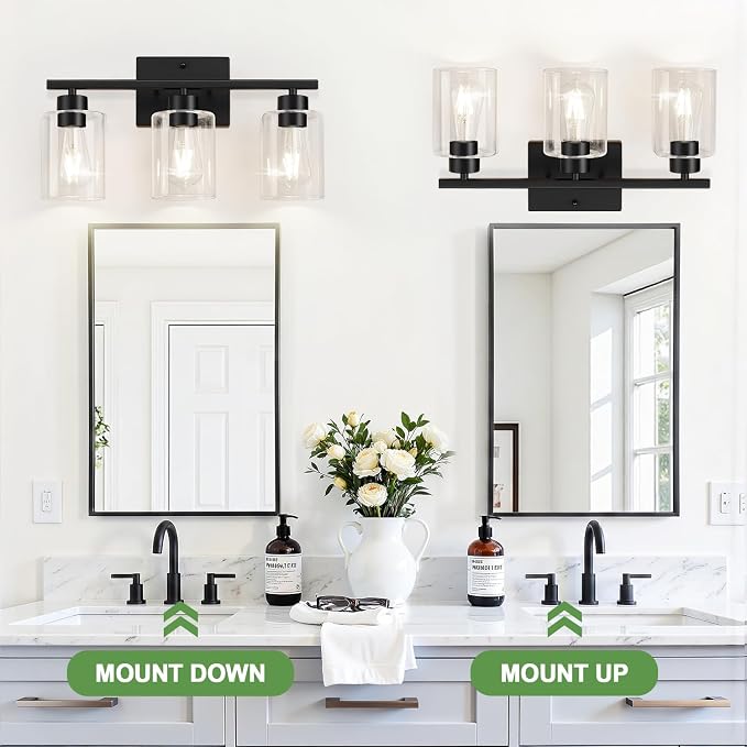Black Bathroom Light Fixtures with Clear Glass Shades, Modern 3 Light Vanity Lights for Bathroom, Vanity Lights with E26 Socket (Bulbs Not Included), for Mirror, Bedroom, Hallway