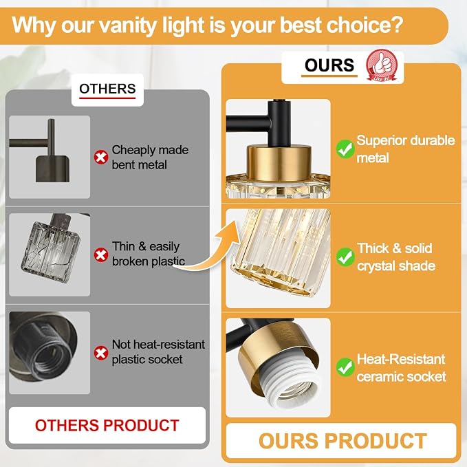 Bathroom Wall Sconces Set of 2, Black & Gold Wall Lights with Clear K9 Crystal Shades, Bathroom Light Fixtures for Bedroom, Living Room, Hallway