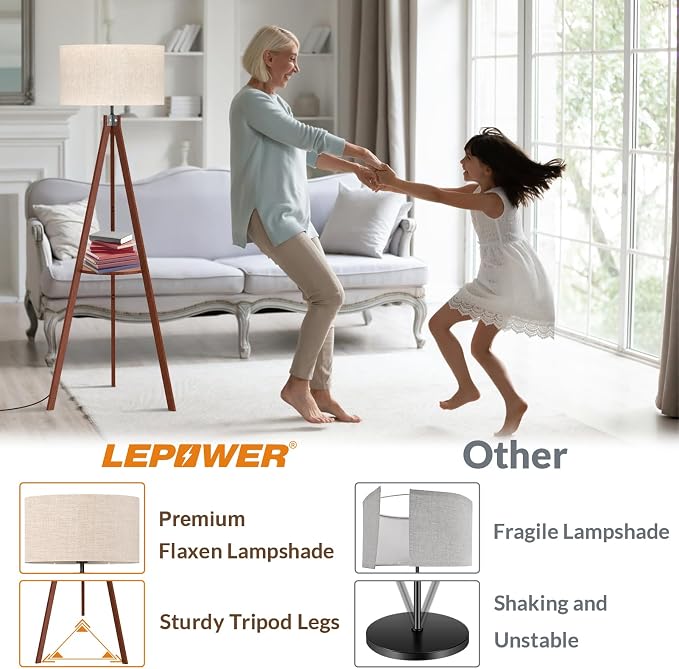 LEPOWER Shelf Floor Lamp Tripod Mid Century Modern Lamps for Living Room | Light-Diffusing Linen Shade, Premium Rubberwood, E26 Base, Foot Switch, Adding Warmth to Bedroom, Office & Study Corner Brown