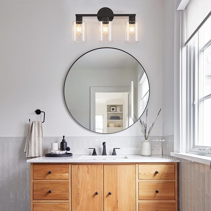 Black Bathroom Light Fixtures 3-Light Bathroom Vanity Light | Clear glass shade, Anti-rust, Easy install, E26 scoket, Vanity Lighting Fixtures, Over mirror, Makeup, 18.6in Vanity lights