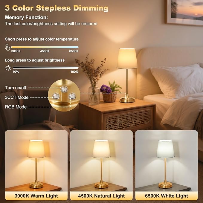 Wowag Cordless Table Lamp Rechargeable,5000mAh Battery Operated Desk Lamp,3 Colors & 7 RGB Stepless Dimmable,Touch Control Ambient Light for Bedside,Bedroom,Dining Room,Living Room,Gold,WhiteShade