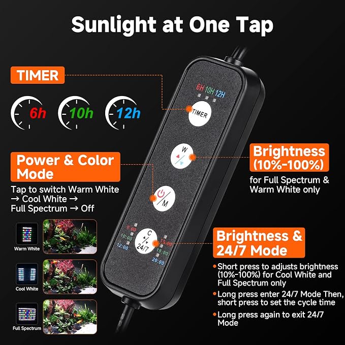 fishkeeper Clip On Aquarium Stream Light with 24/7 Mode(36W) | Fish Tank Light with Timer, DIY 3 Colors 10 Brightness, Full Spectrum Aquarium Light with Clamp for Freshwater Plants