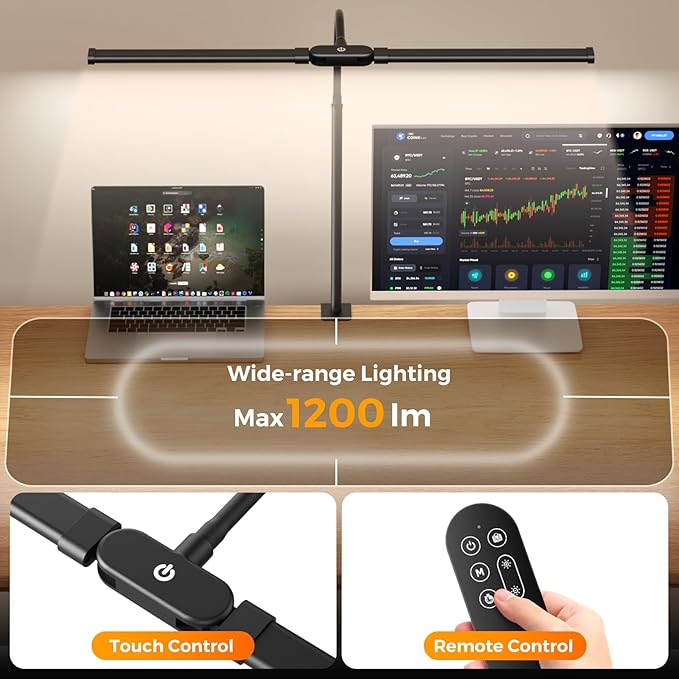 LED Desk Lamp with Clamp - Double Head Desk Light with Remote and Touch - Eye Protection - 12 W, 5 Color Modes, Timer and Memory Function, Flexible Gooseneck - for Office, Reading - Black