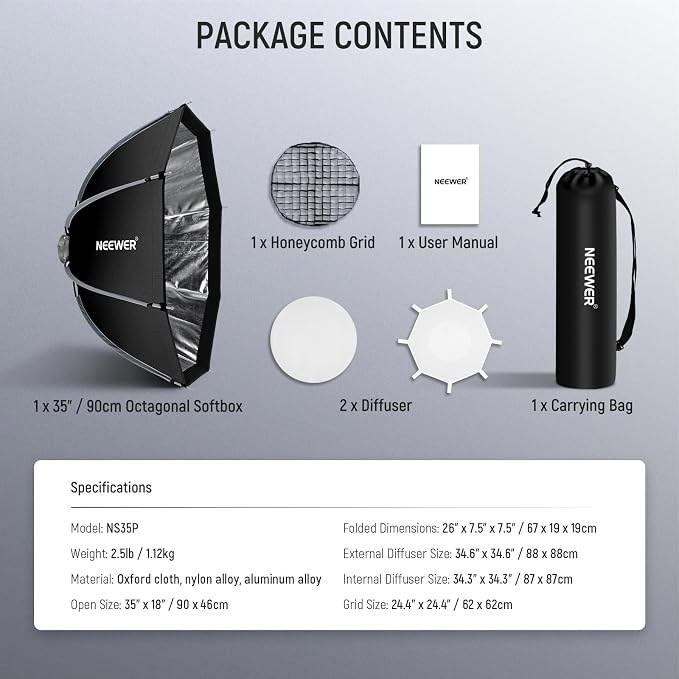 NEEWER 35"/90cm Octagonal Softbox, Quick Release Bowens Mount Nylon Soft Box with Honeycomb Grid Light Diffusers Bag for RGB CB60 CB60B CB200B MS60B MS60C MS150B S101-300W/400W Pro Vision 4 Q4, NS35P | Soft Box, Honeycomb, Grid, Light Diffusers, Bag, f...