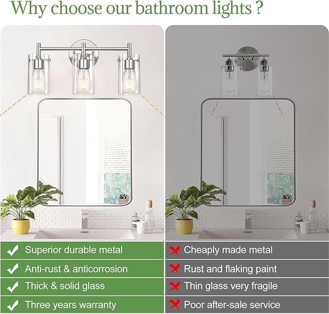 3-Light Brushed Nickel Bathroom Vanity Light Fixtures, Clear Glass Shade Wall Sconces for Mirror, Bedroom, Living Room, Hallway